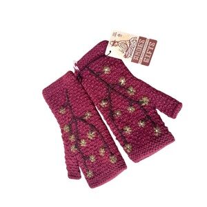 ANDES GIFTS Burgundy Red Floral Embroidered Fingerless Gloves